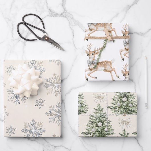 Reindeer Silver Snowflakes Christmas Trees Geschenkpapier Set (Vorderseite)