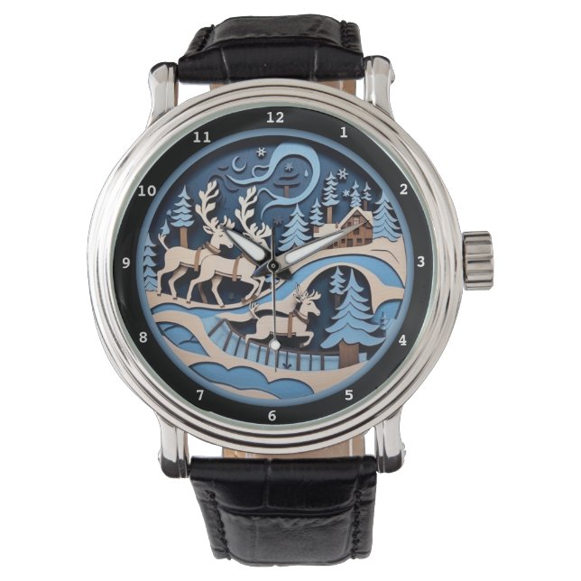 Reindeer Sleigh Ride Winter Artwork Armbanduhr (Vorderseite)