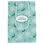 Reindeer Snowflake Aquamarin Blue Christmas Medium Mittlere Geschenktüte (Rückseite)