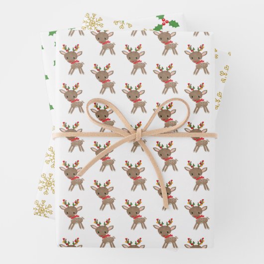 Reindeer Snowflakes Holly Berries Weihnachten Geschenkpapier Set (Beispiel)