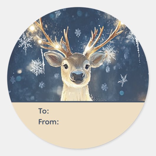 Reindeer & Snowflakes Personalized To and From Runder Aufkleber (Vorderseite)