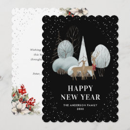 Reindeer Snowy Forest Black New Year Card Feiertagskarte