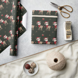Reindeer und Red Berry Dark Green Wrapping Paper Geschenkpapier