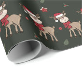 Reindeer und Red Berry Dark Green Wrapping Paper Geschenkpapier (Rolleneckpunkt)