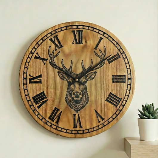 Reindeer Wall Clock - Wooden Style Design Große Wanduhr