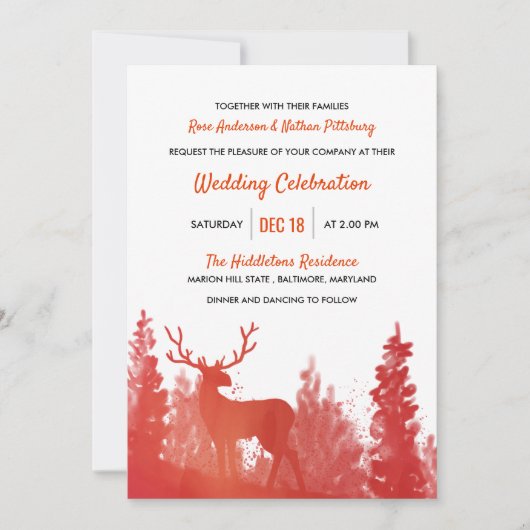 Reindeer Watercolor Red | Winterhochzeit Einladung (Vorderseite)