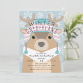 Reindeer Winter Onederland Kindergeburtstag Invita Einladung (Stehend Vorderseite)