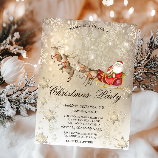 Reindeers Santa Claus Sleigh Snowflake Party Einladung