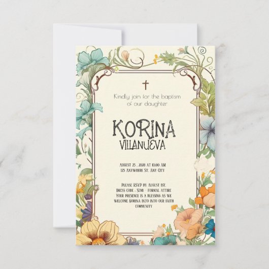 Reine Eleganz: Cream & Green Simple Floral Baptiss Einladung (Vorderseite)