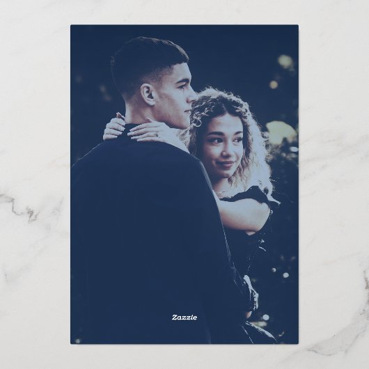 Reine Eleganz: Eine Hochzeit in Blau und Gold Folieneinladung (Rückseite)