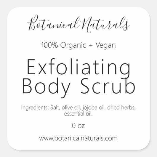 Reine handgefertigte Bio Vegane Body-Scrub-Labels Quadratischer Aufkleber (Vorderseite)