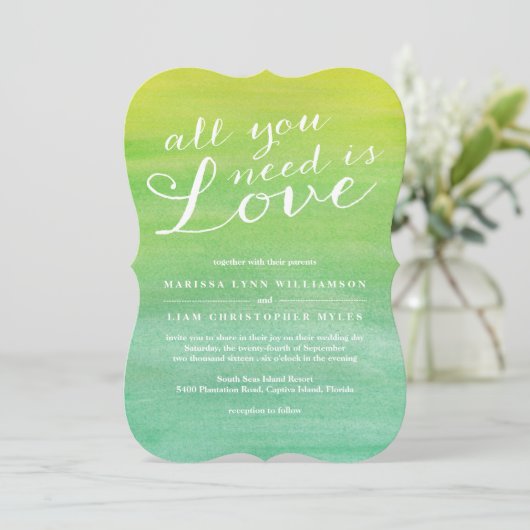 Reine Liebe Wasserfarbe Hochzeit / Limoner Smaragd Einladung (Stehend Vorderseite)