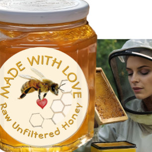 REINE RAW HONEY Honeybee Honeycomb and Heart Runder Aufkleber