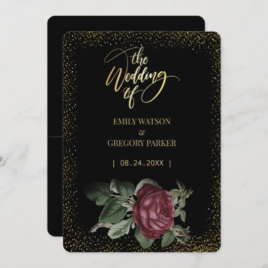 Reine schwarze und goldene Eleganz, rote Rosen Hoc Save The Date (Vorne/Hinten)