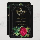 Reine schwarze und goldene Eleganz, rote Rosen Save The Date (Vorne/Hinten)