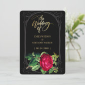 Reine schwarze und goldene Eleganz, rote Rosen Save The Date (Stehend Vorderseite)