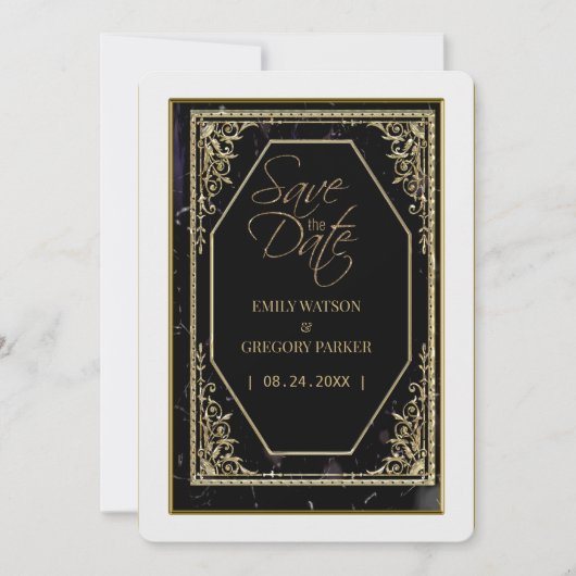 Reine schwarze und goldene Eleganz Save The Date (Vorderseite)