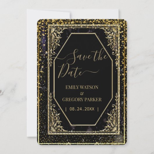 Reine schwarze und goldene Eleganz Save The Date (Vorderseite)