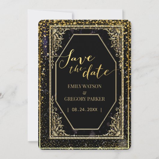 Reine schwarze und goldene Eleganz Save The Date (Vorderseite)