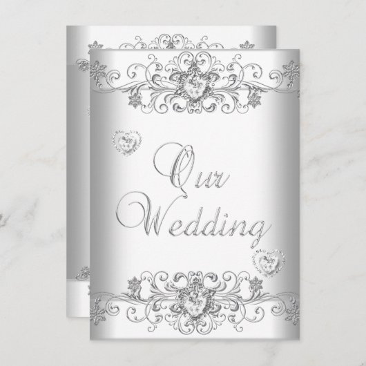 Reine weiße Hochzeit Silver Diamond Herz Einladung (Vorne/Hinten)