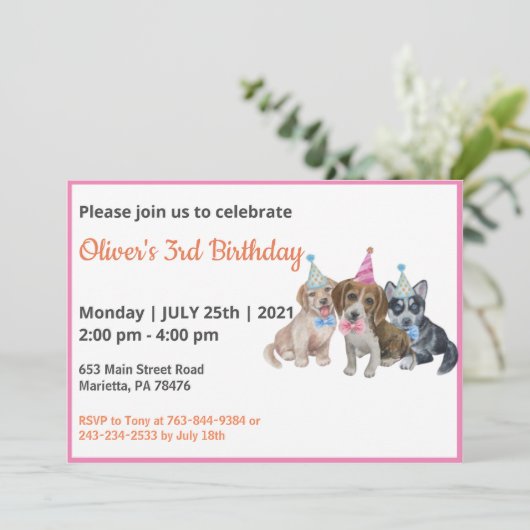 Reiner Welpe | Hunde Theme Boy First Birthday Part Einladung (Stehend Vorderseite)