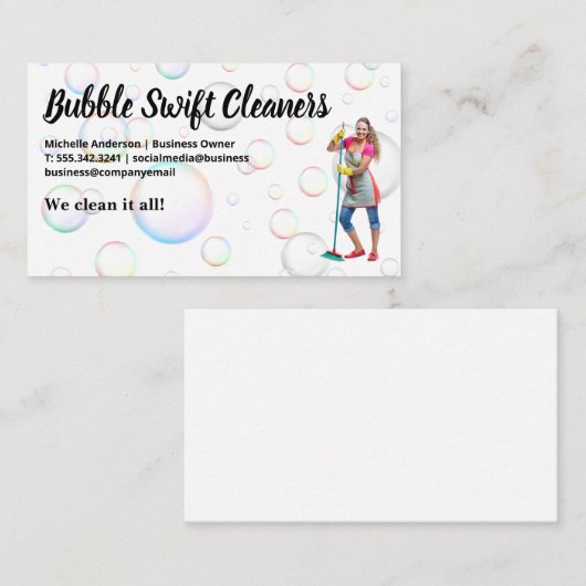Reiniger mit Broom Lächeln | Blasen Visitenkarte (Vorne/Hinten)