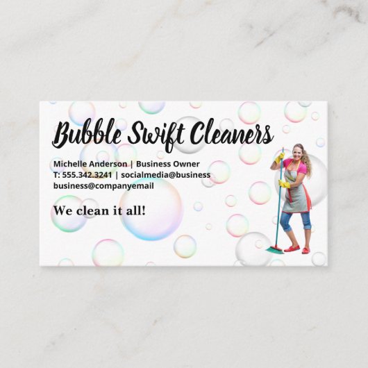 Reiniger mit Broom Lächeln | Blasen Visitenkarte (Vorderseite)