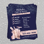 Reinigung von Rose Gold Housekeeping Navy Floral Flyer<br><div class="desc">Zuhause Cleaning Service Rose Gold & Navy Blue Housekeeping Flyer.</div>