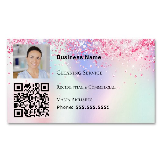 Reinigungsdienst Foto QR-Code holografisch rosa Magnetische Visitenkarte (Vorderseite)
