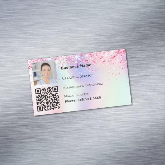 Reinigungsdienst Foto QR-Code holografisch rosa Magnetische Visitenkarte (Beispiel)