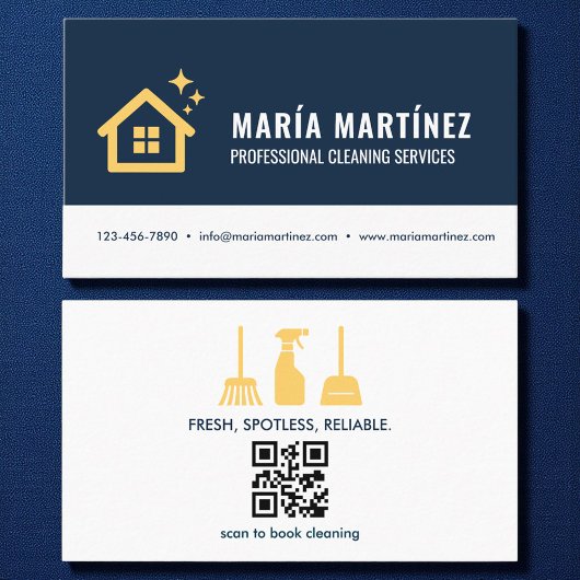 Reinigungsdienste für Navy Blue & Gold QR Code Hou Visitenkarte