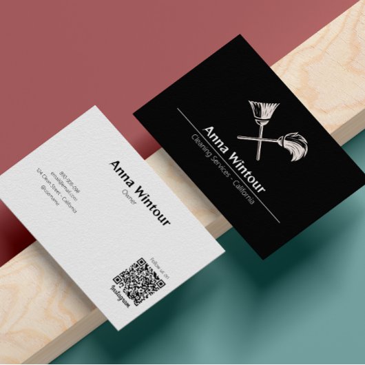 Reinigungsdienste QR-Code Schwarz-Weiß Visitenkarte
