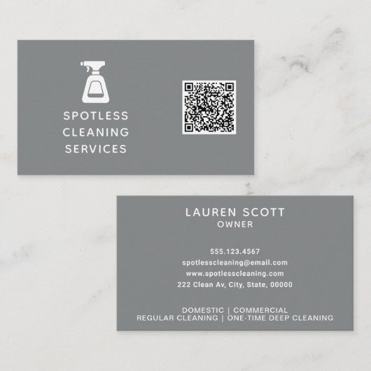 Reinigungsfirma QR Code Spray Flasche Grau Visitenkarte (Vorne/Hinten)