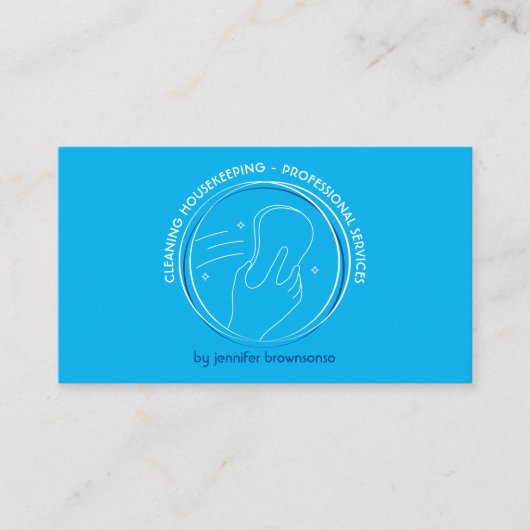 Reinigungsschwamm und Hand mit Sternen auf blau Visitenkarte (Vorderseite)