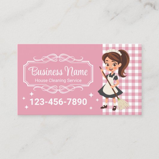 Reinigungsservice Cartoon Haushaltshilfe Pink Kari Visitenkarte (Vorderseite)