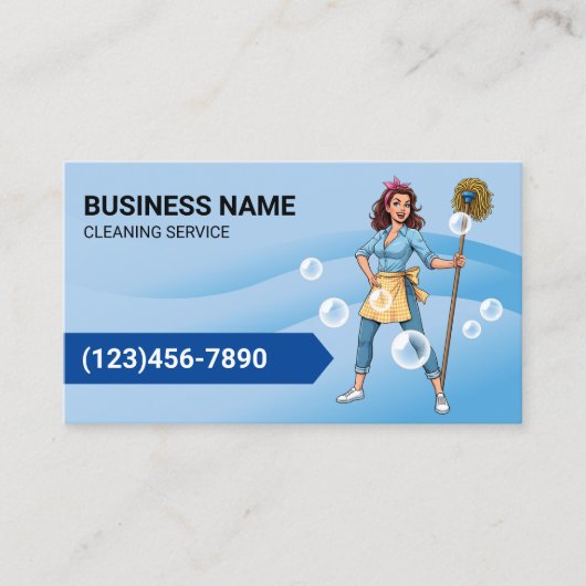 Reinigungsservice Cartoon Maid Blue Curves Visitenkarte (Vorderseite)