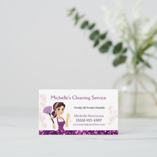 Reinigungsservice für Haushaltshäuser Lila Glitzer Visitenkarte (Stehend Vorderseite)