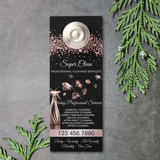 Reinigungsservice für Haushaltshäuser Türanhänger (rose gold house cleaning spray bottles spraying diamonds)