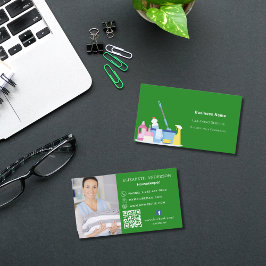 Reinigungsservice - grünes Foto QR-Codeprämie Visitenkarte