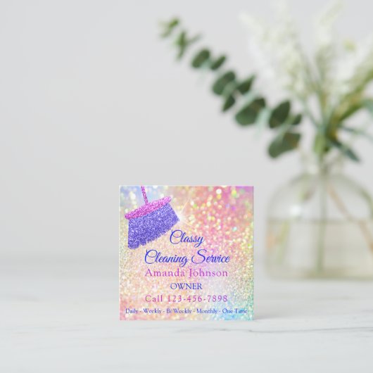 Reinigungsservice Housekeeper Pink Rose Glitzer Quadratische Visitenkarte (Stehend Vorderseite)