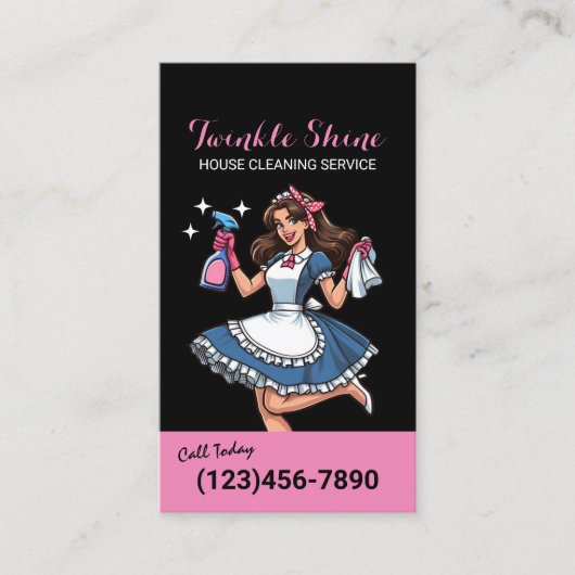 Reinigungsservice Retro Black & Pink Zimmermädchen Visitenkarte (Vorderseite)