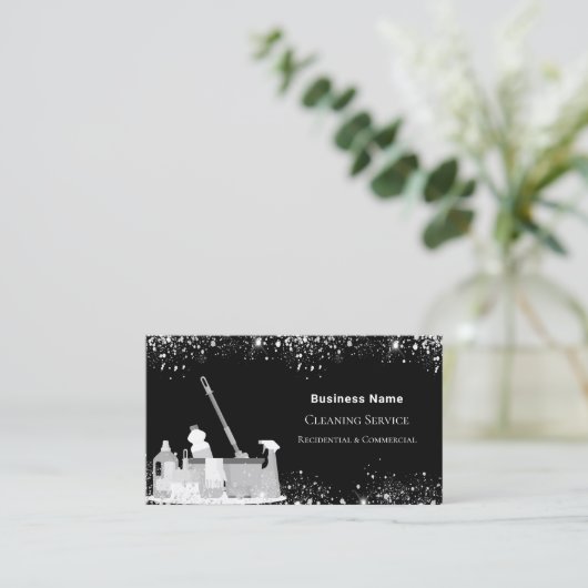 Reinigungsservice Schwarzer Glitzer Staub QR-Code Visitenkarte (Stehend Vorderseite)