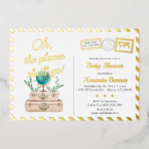 Reise-Abenteuer-Koffer Baby Mädchen Dusche Gold Folieneinladung