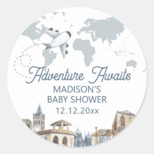 Reise-Abenteuer-Weltkarte Flugzeug Baby Shower  Runder Aufkleber