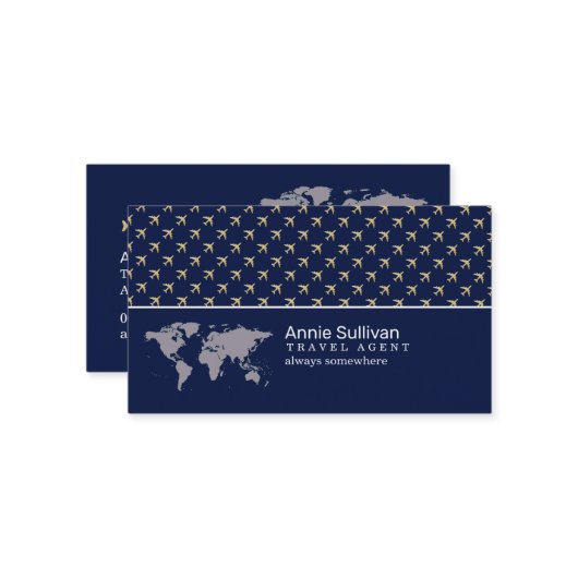 Reise-Agent Flugzeug Weltkarte Modern Visitenkarte (Vorderseite/Rückseite Beispiel)