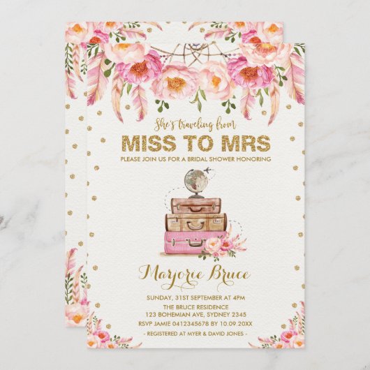 Reise Brautparty Miss zu Frau Boho Blush Floral Einladung (Vorne/Hinten)