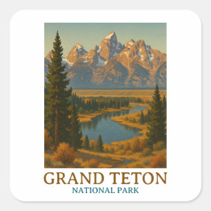 Reise im Stil der alten Grand Teton National Park Quadratischer Aufkleber