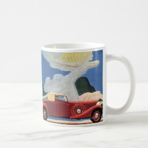 Reise im Vintage-Stil, antikes rotes Auto mit Wolk Kaffeetasse