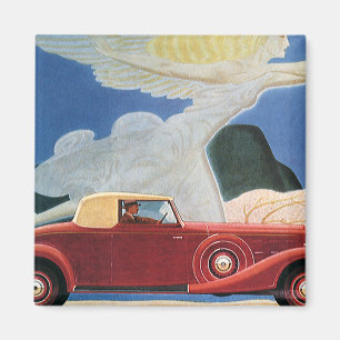 Reise im Vintage-Stil, antikes rotes Auto mit Wolk Magnet