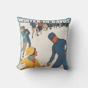 Reise im Vintage-Stil, Art Deco, Winter Davos Schw Kissen